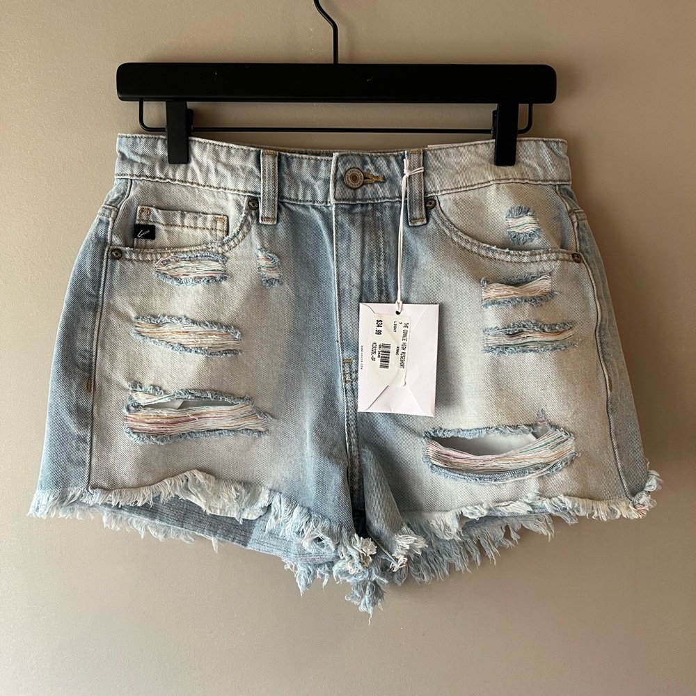 Kancan High-Rise Light Blue Distressed Denim Shorts with Frayed Hem